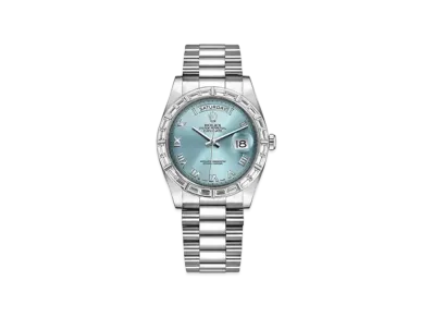 ROLEX Day-Date 36mm Oyster Perpetual Baguette-Cut Diamonds Bezel "Ice Blue/Roma" 118366