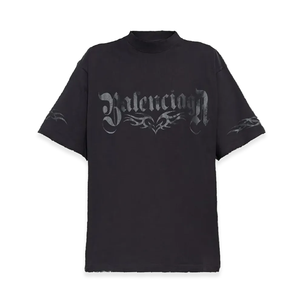BALENCIAGA Women's Medium Fit Printed Logo T-Shirt "Washed Black"