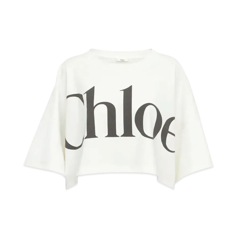 Chloe Cropped Boxy Logo T-Shirt In Cotton Jersey "White"