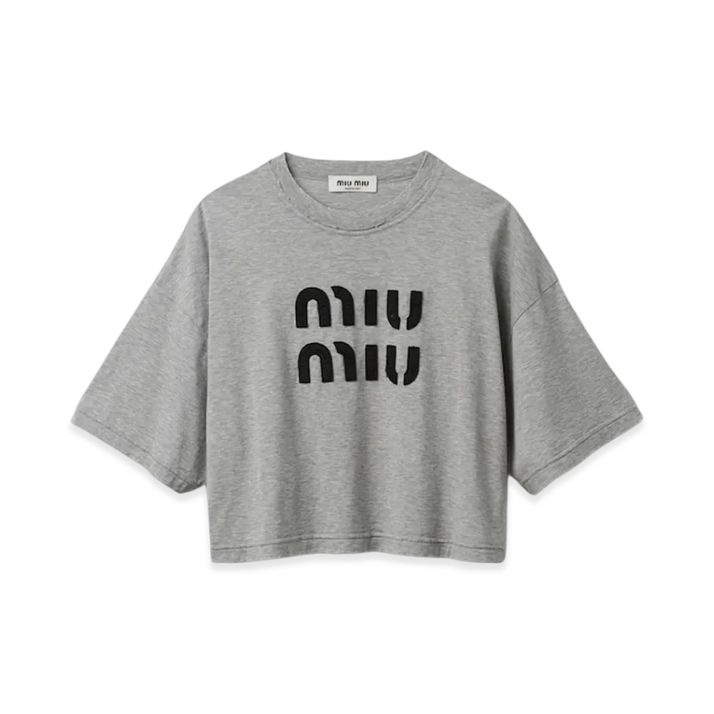 MIU MIU Women's Cotton T-Shirt with Embroidered Logo "Grey"