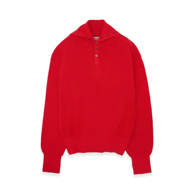 YOKE Cotton Hard Twist Highneck Henley Rib Sweater "Red"