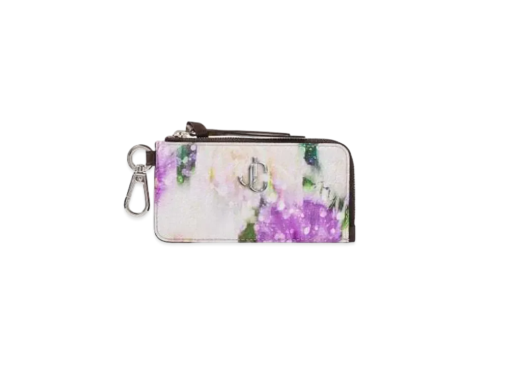 JIMMY CHOO LISE-Z Silver JC Logo With Seasonal Printed Soft Grainy Curf Leather Card Case "Blossom"
