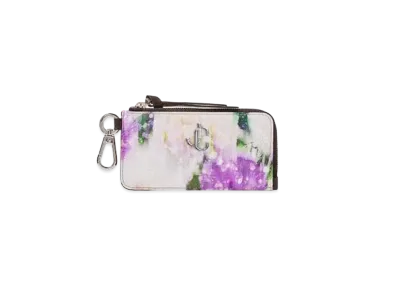 JIMMY CHOO LISE-Z Silver JC Logo With Seasonal Printed Soft Grainy Curf Leather Card Case "Blossom"