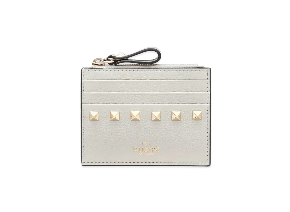 Valentino Rockstud Grainy Calfskin Coin Purse And Cardholder "Opal Grey"