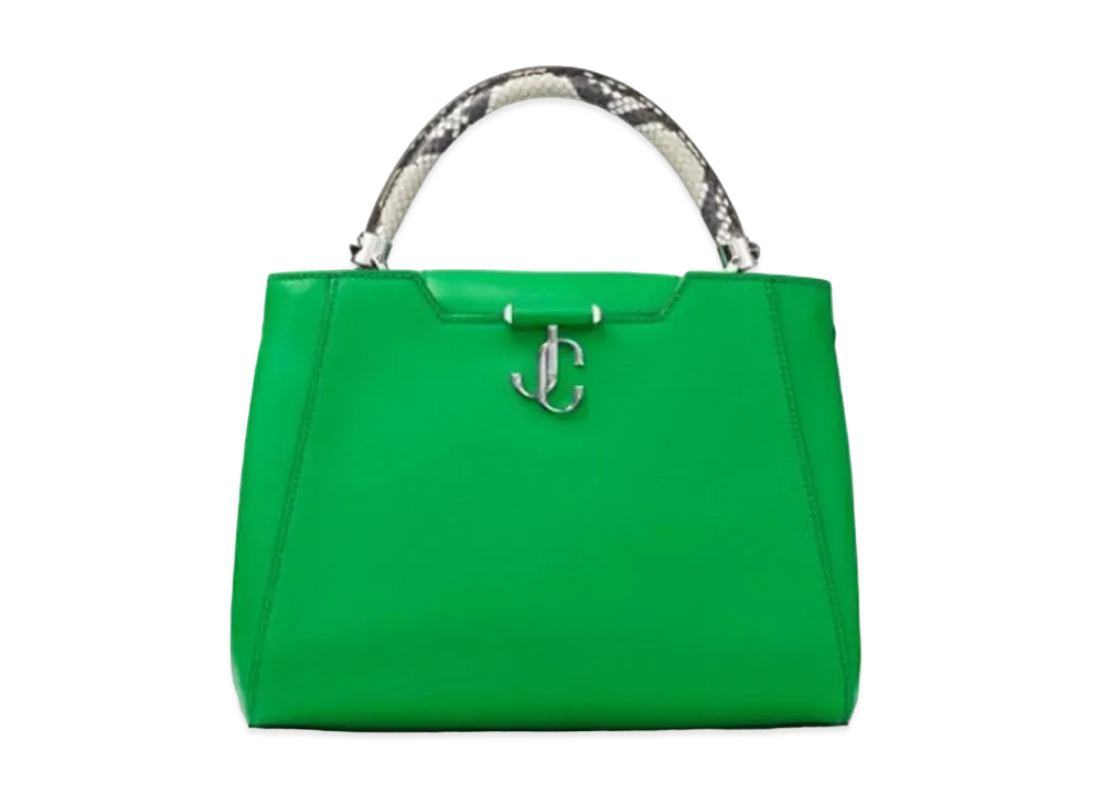 Jimmy Choo Varenne Top Handle M Smooth Calf Leather Top Handle Bag With Elaph Snake Handle "Malachite/Roccia"