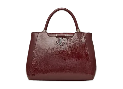 Jimmy Choo Varenne Top Handle M Patent Textured Leather Top Hundle Bag With JC Logo "Gunmetal/Merlot"