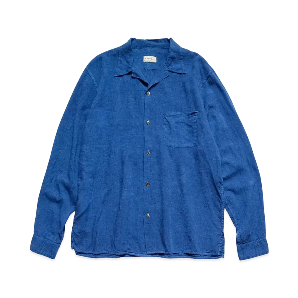 KAPITAL Soft Linen Open Collar Shirt "Blue"