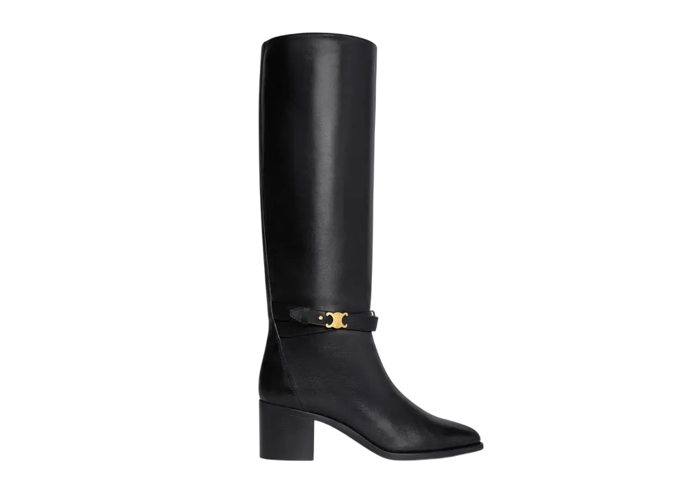 CELINE Women's Garance Triomphe Strap High Boot In Calfskin "Black"