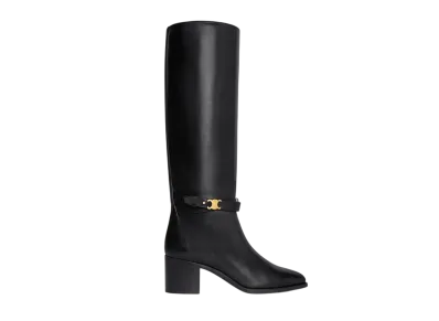 CELINE Women's Garance Triomphe Strap High Boot In Calfskin "Black"