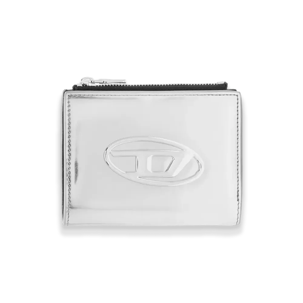 Diesel Bi-Fold Zip Cow Leather Bifold Wallet "Silver"