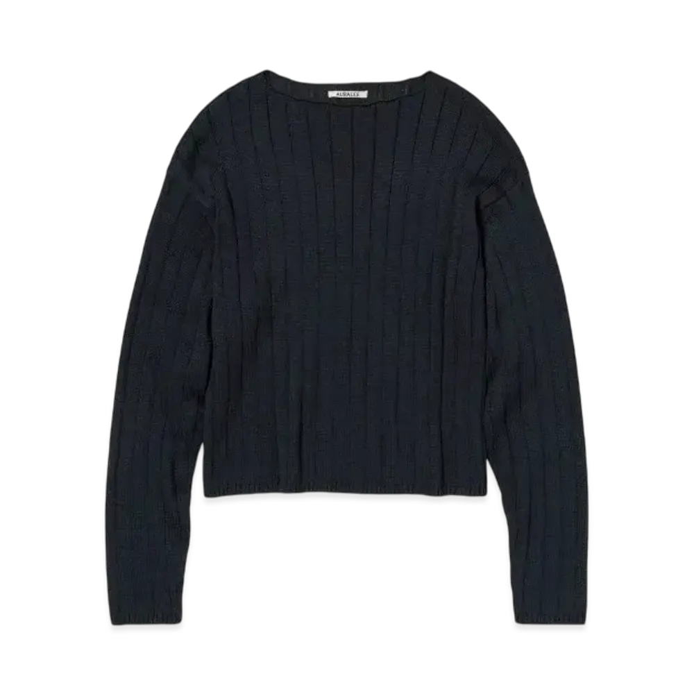 AURALEE Flat Cord Yarn Wide Rib Knit Boat Neck P/O "Dark Navy"