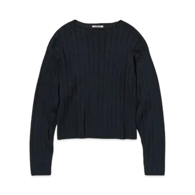 AURALEE Flat Cord Yarn Wide Rib Knit Boat Neck P/O "Dark Navy"