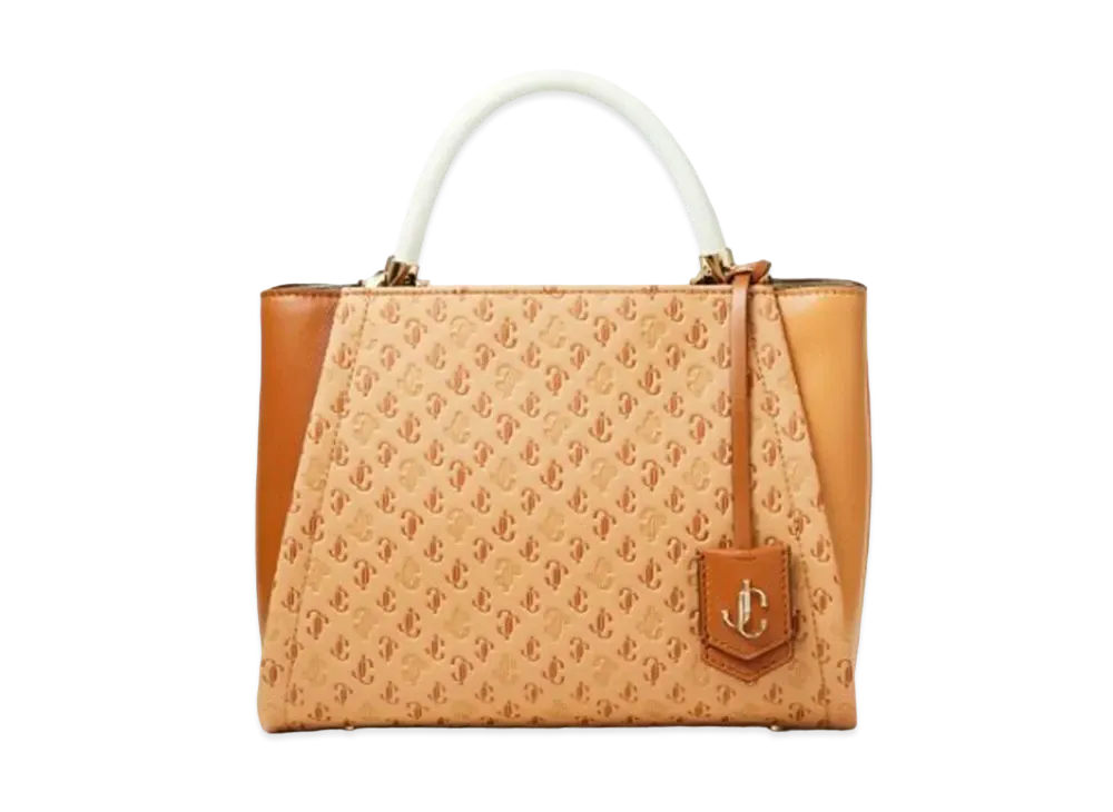 Jimmy Choo Varenne Top Handle M JC Logo Pattern And Calf Leather Top Handle Bag With JC Logo "Caramel Mix"