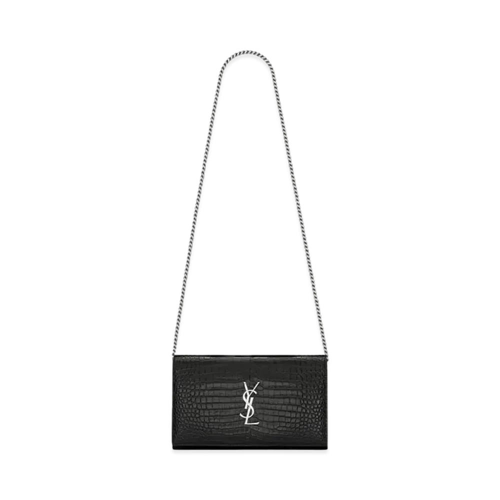 Saint Laurent Monogram Chain Wallet In Crocodile Embossed Shiny Leather "Black"