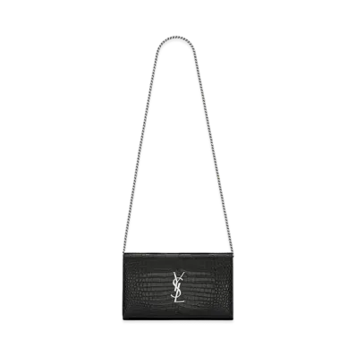 Saint Laurent Monogram Chain Wallet In Crocodile Embossed Shiny Leather "Black"
