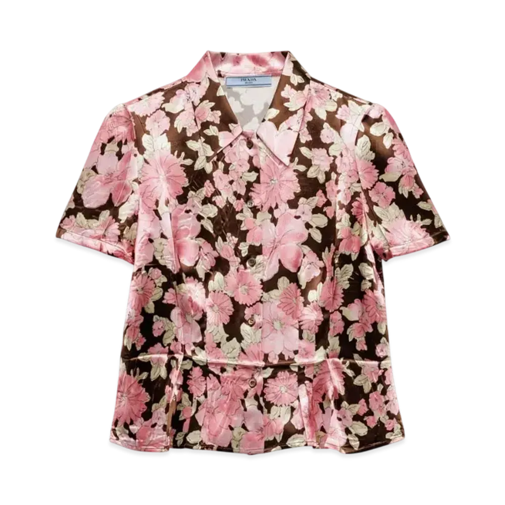 PRADA Women's Floral Print Satin Shirt "Dark Brown"