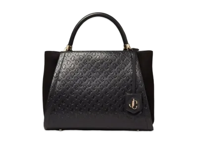 Jimmy Choo Varenne Top Handle M Suede And Jc Monogram Pattern Top Handle Bag "Black"