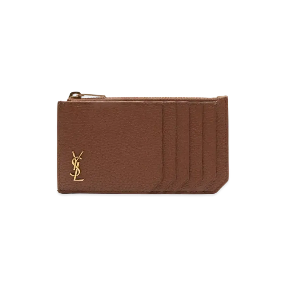 SAINT LAURENT Tiny Monogram Zipped Fragments Credit Card Case In Grained Leather "Toast Brown"