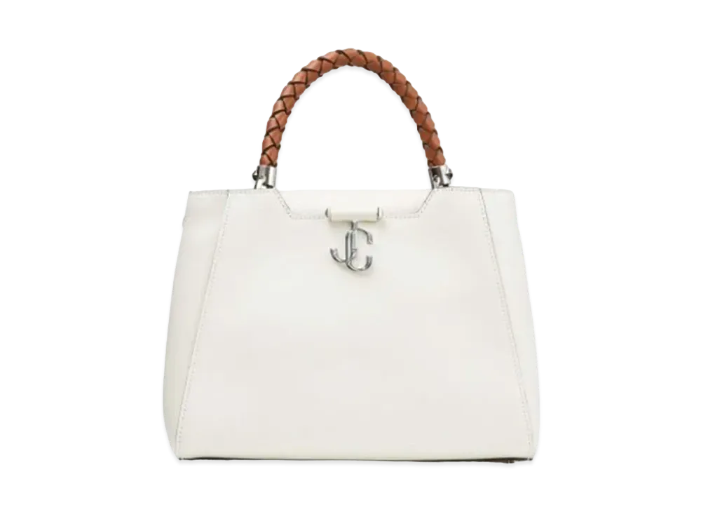 Jimmy Choo Varenne Top Handle M Calf Leather Top Handle Bag With Woven Handle "Latte"