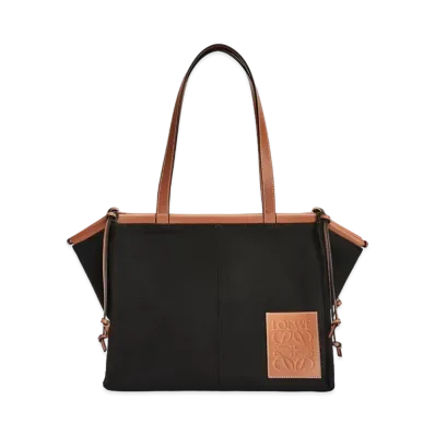 LOEWE Cushion Tote In Canvas and Calfskin "Black/Tan"