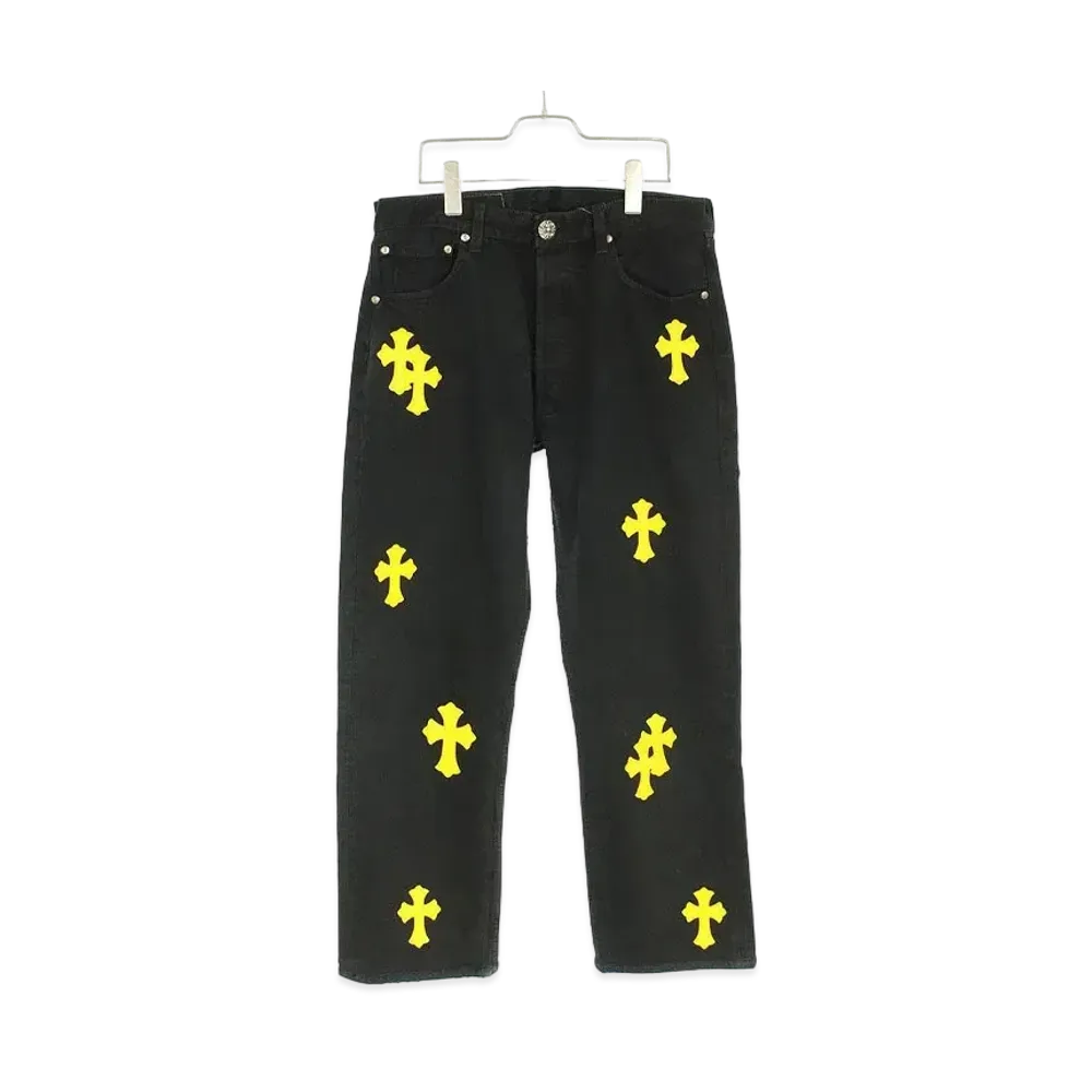 Chrome Hearts U VNTG Jean WH/RED TAB with cross -patch Washed denim pants "Black/Yellow"