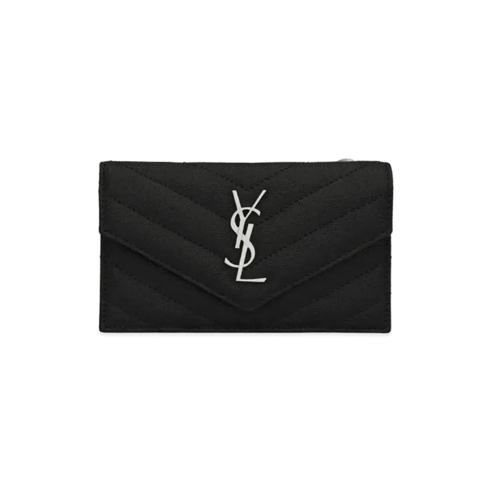 SAINT LAURENT Monogram Fragments Flap Card Case In Quilted Grain De Poudre Embossed Leather "Black"