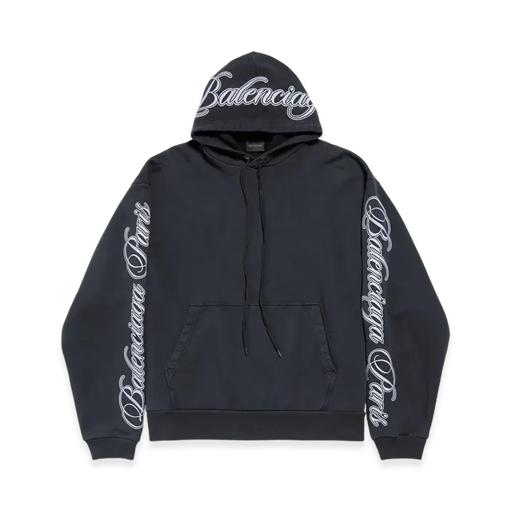 BALENCIAGA Cursive Oversized Hoodie "Washed Black/White"