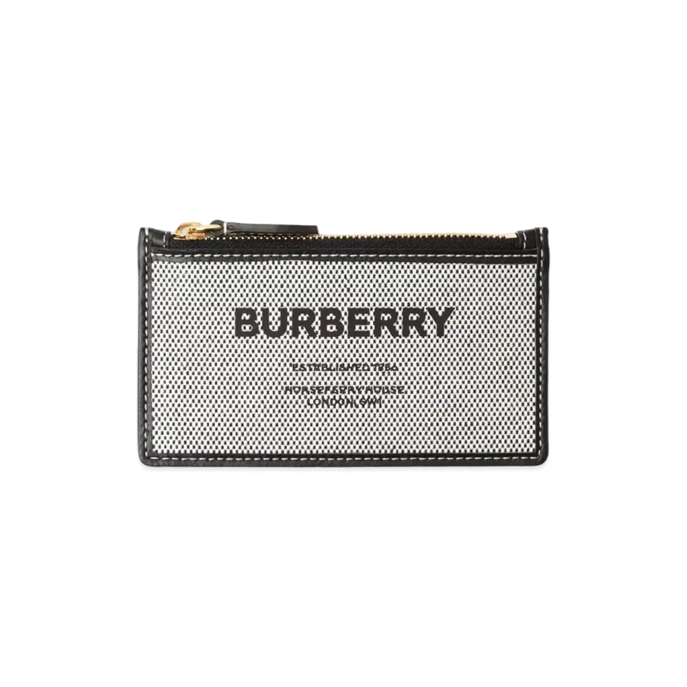 Burberry Horse Ferry Print Canvas & Leather Zip Card Case "Black/Tan"