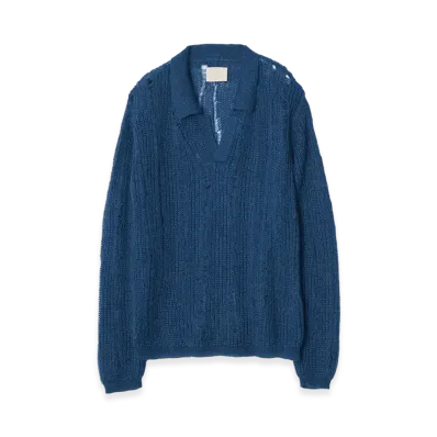 YOKE Silk Kid Mohair Wool Skipper Sweater "Blue"