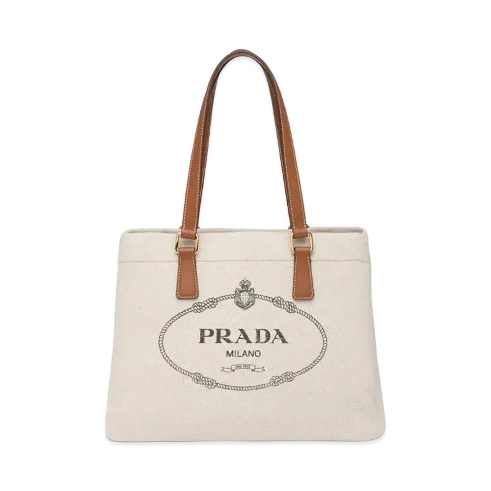 PRADA Linen Blend & Leather Tote Bag "Beige/Cognac"