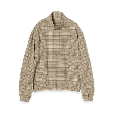 AURALEE Women's Silk Linen Nep Check Zip Blouson "Ivory Beige Check"