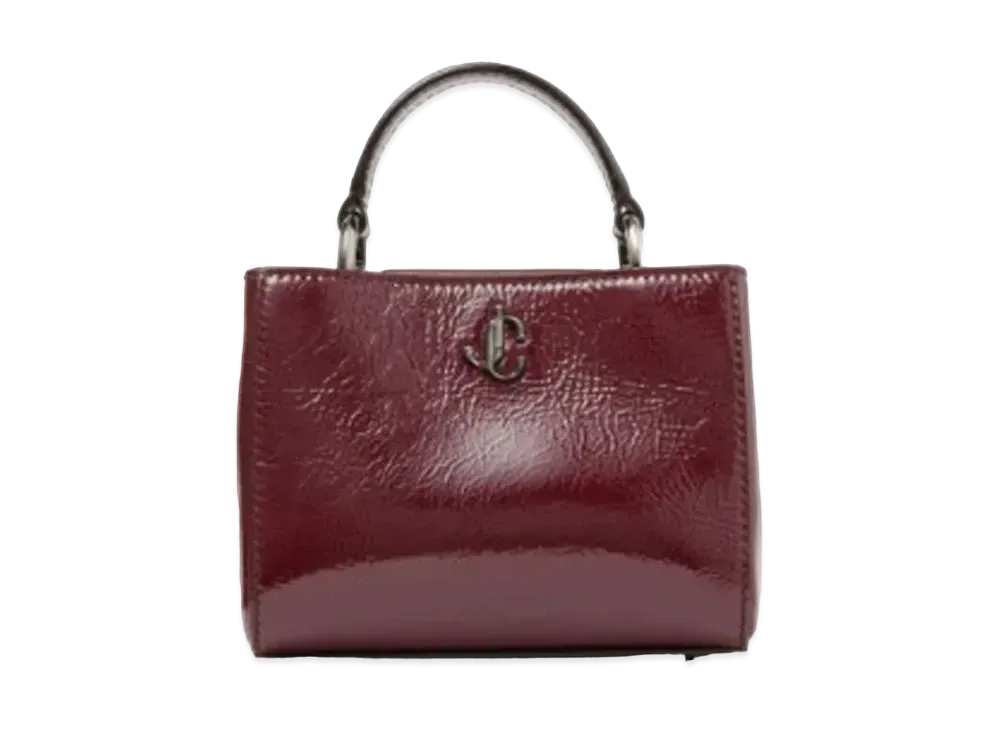 Jimmy Choo Varenne Top Handle Mini Patent Textured Leather Mini Bag With JC Logo "Gunmetal/Merlot"