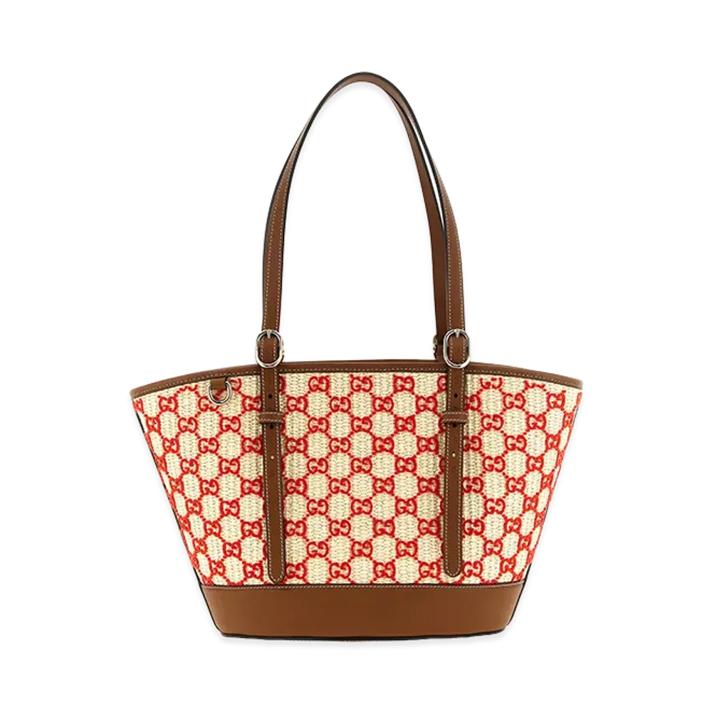 GUCCI Women's Small Woven Shopping Bag "Natural/Red"