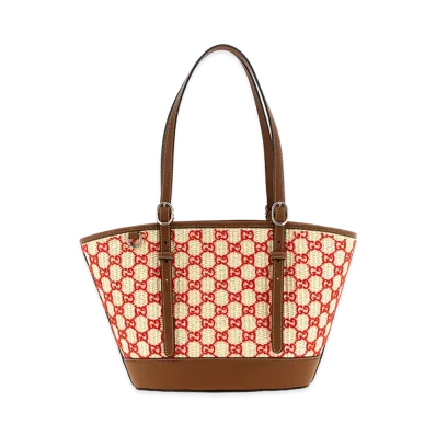 GUCCI Women's Small Woven Shopping Bag "Natural/Red"