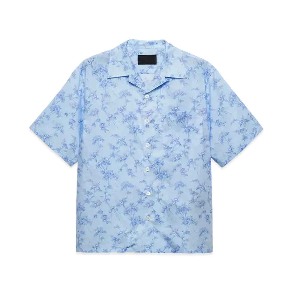 PRADA Men's Short-Sleeved Printed Cotton Shirt "Sky Blue"