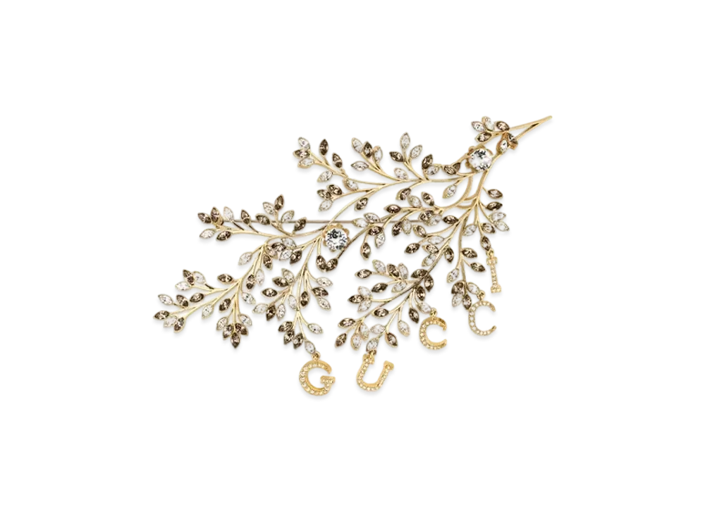 GUCCI Floral Brooch With Gucci Script