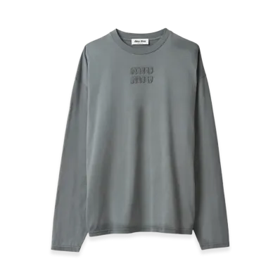 MIU MIU Garment-Dyed Long-Sleeve Jersey T-Shirt "Iron Grey"