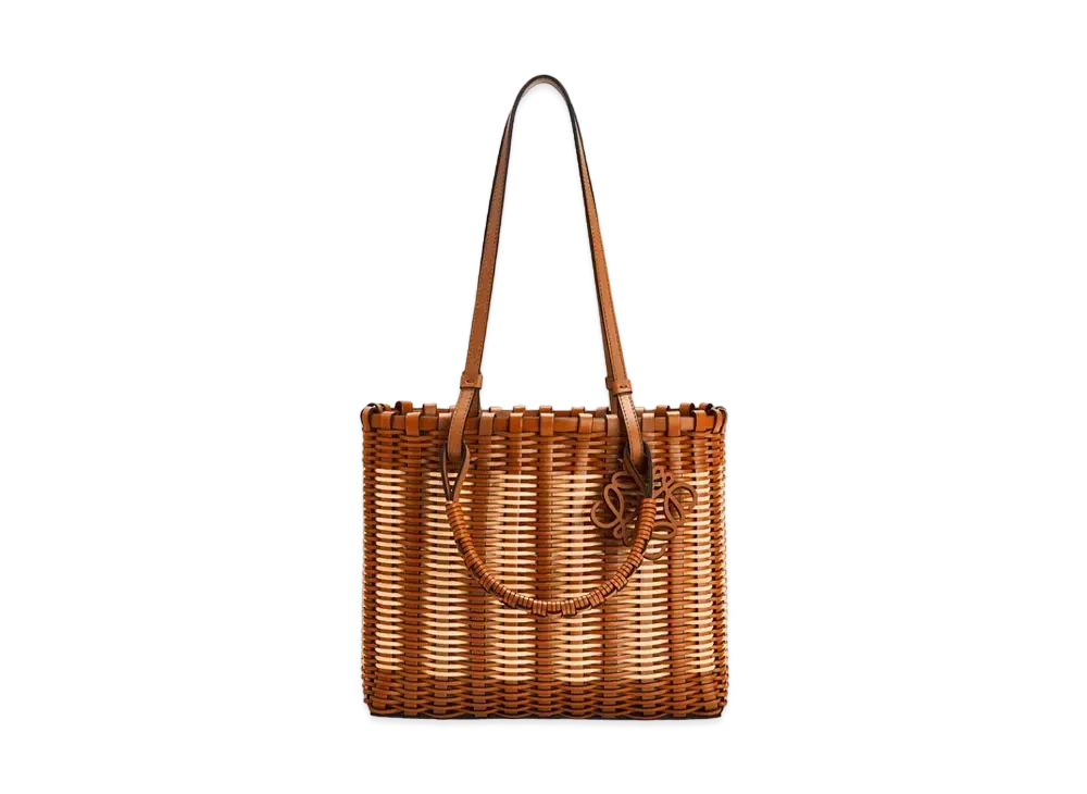 LOEWE Double Handle Square Tote In Rattan And Calfskin "Tan/Natural"