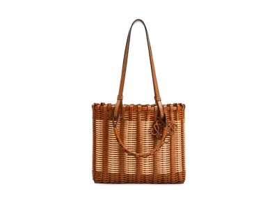 LOEWE Double Handle Square Tote In Rattan And Calfskin "Tan/Natural"