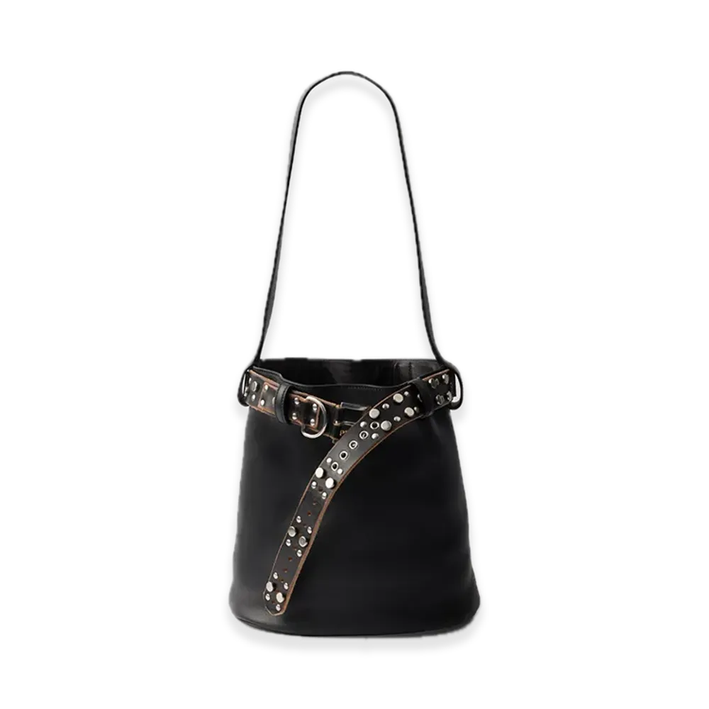 PRADA Buckle Leather Bucket Bag with Studded Belt "Black"