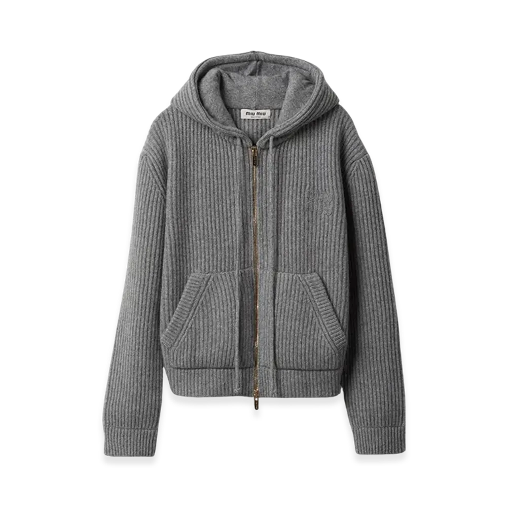 MIU MIU Women's Wool and Cashmere Hoodie Cardigan "Marble Gray"