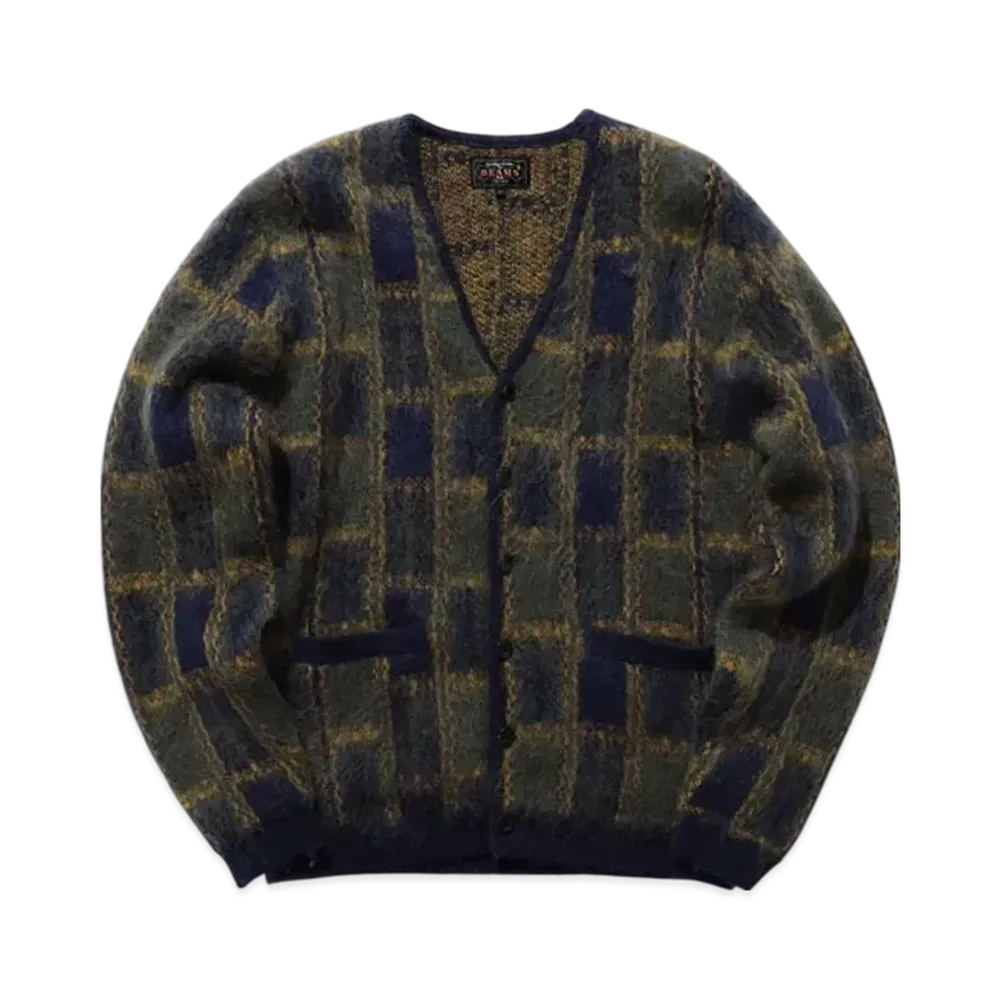 BEAMS Cardigan Double Jacquard Check Pattern "Navy"