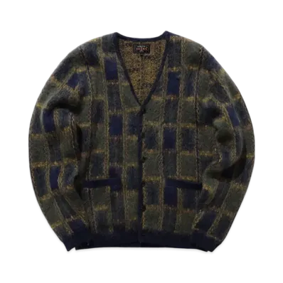 BEAMS Cardigan Double Jacquard Check Pattern "Navy"