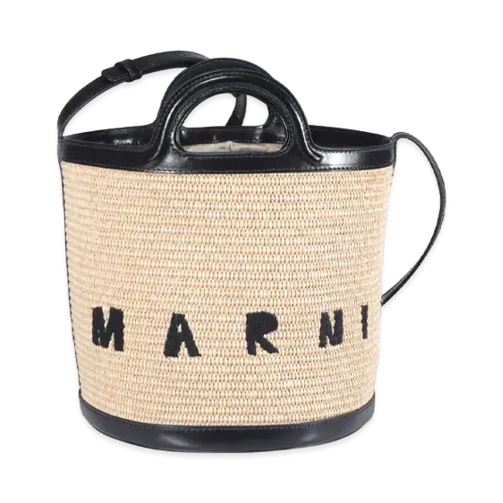 Marni Black Calf And Raffia Tropicalia Small Bucket Bag "Sandstorm/Black"