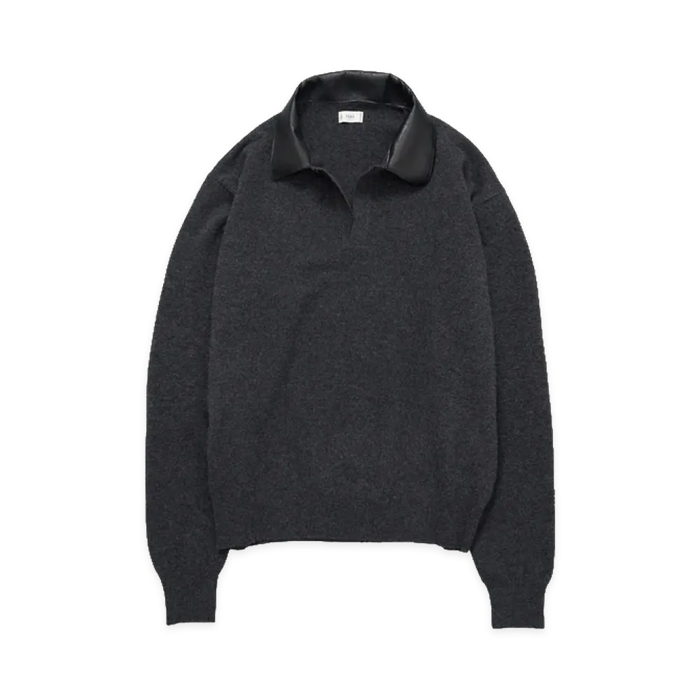 YOKE Extra Super Fine Wool Leather-Trimmed Skipper Sweater "Charcoal"