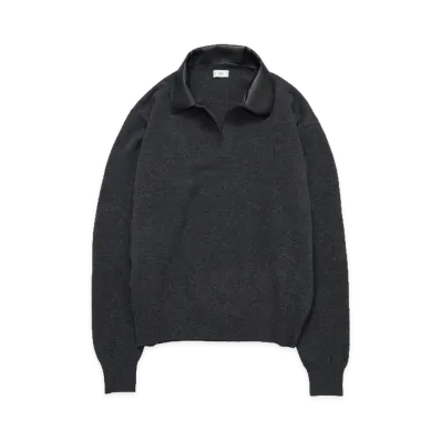 YOKE Extra Super Fine Wool Leather-Trimmed Skipper Sweater "Charcoal"