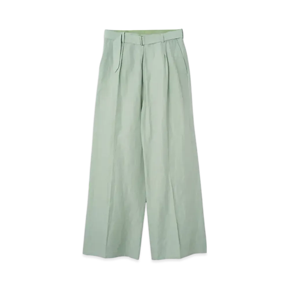YOKE Acetate Linen Cotton Dungaree Washer Front Tuck Belted Wide-Leg Trousers "Blue"