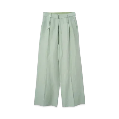 YOKE Acetate Linen Cotton Dungaree Washer Front Tuck Belted Wide-Leg Trousers "Blue"