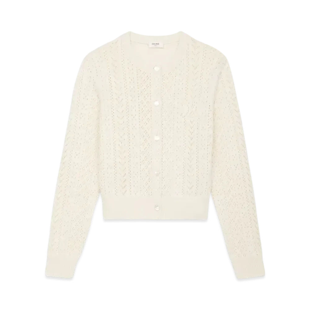 CELINE Women's Cardigan in Cotton Pointelle "Off White"