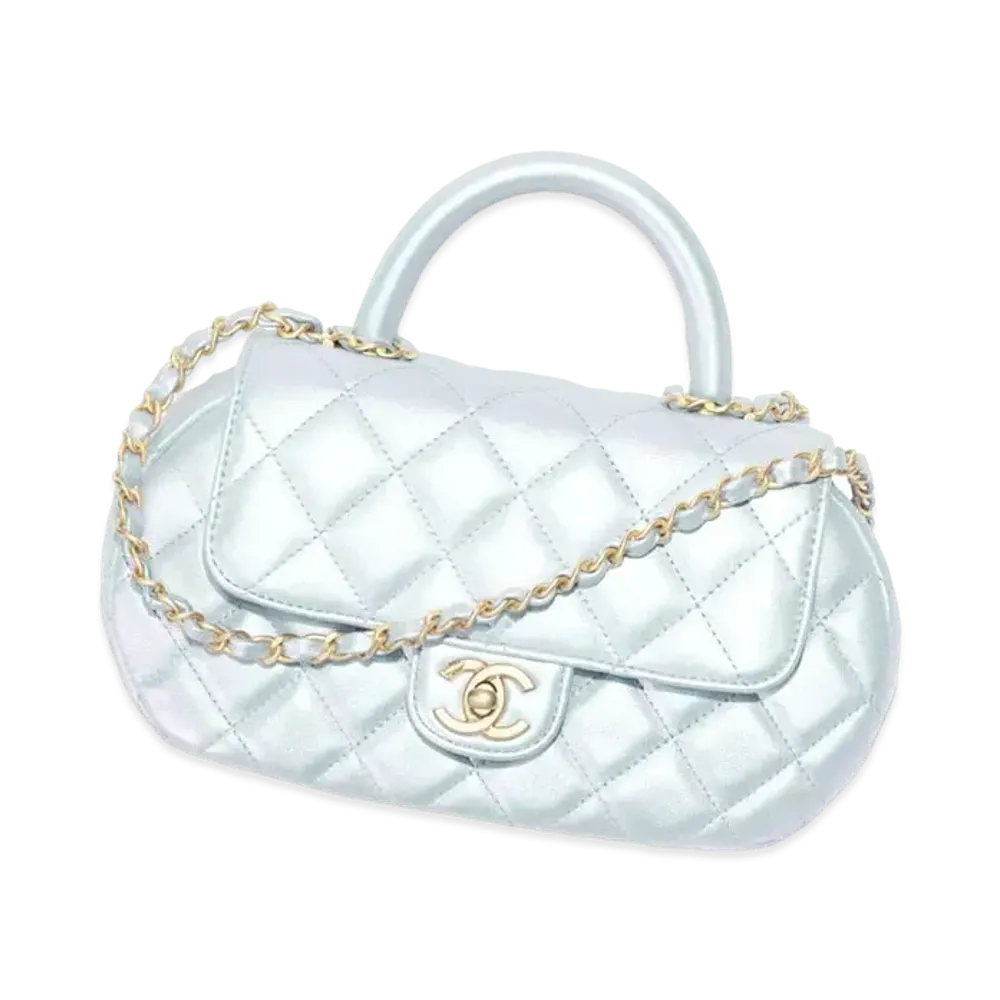 CHANEL Bag With Top Handle Pearly Lambskin & Gold Tone Metal "Blue"